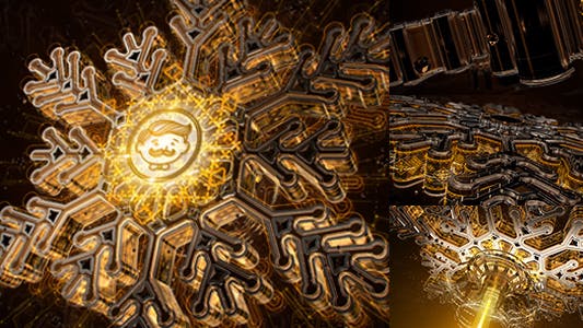 Snowflake Opener 3D - Gold Metal Intro - Syfy Winter - High Technology Snow Intro- HUD Logo- New Year