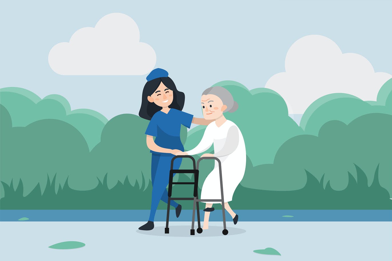 Nurse helps her grandmother to go to the walker