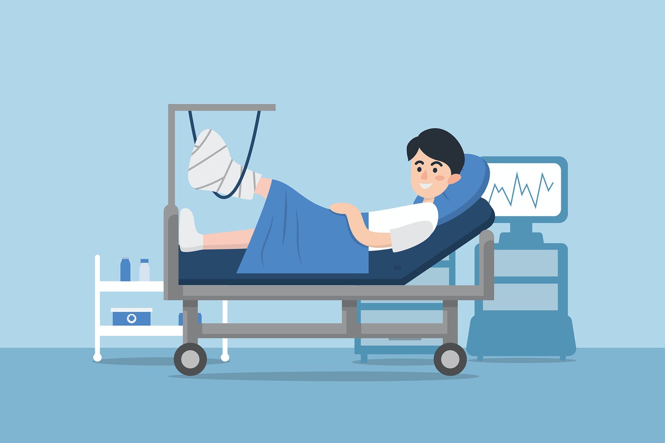 Patient with broken leg lying in hospital