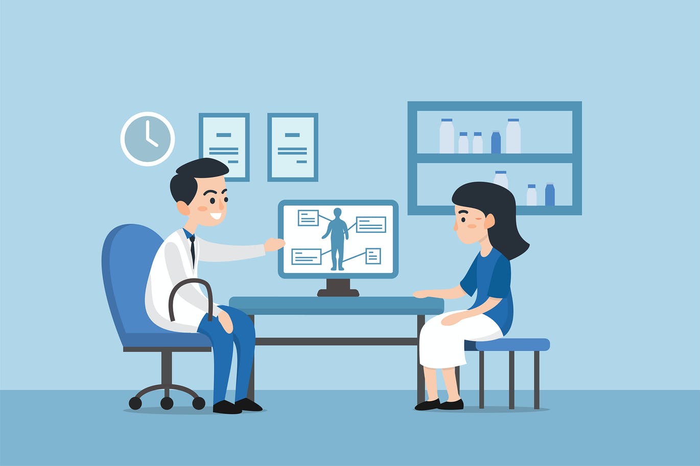 Patient woman talking with doctor at hospital