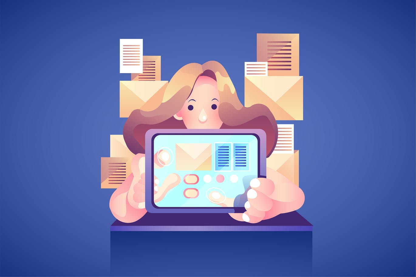 The marketer in front of the screen sending email