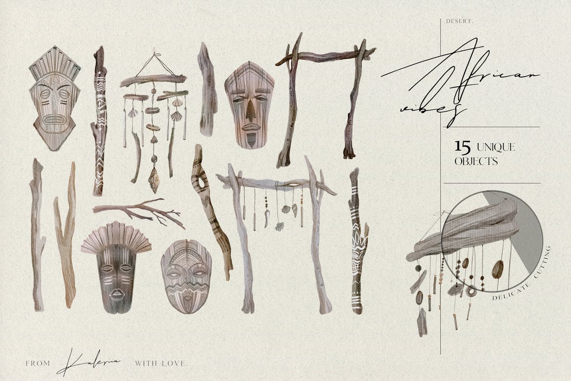 African mystic objects - watercolor ethno set