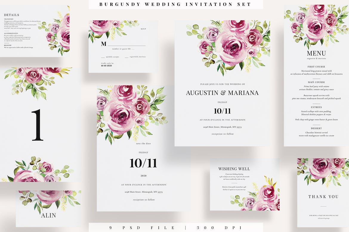 Burgundy Wedding Invitation Set EZ