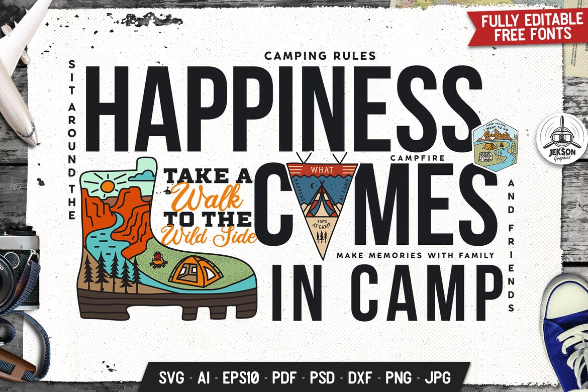 Happiness Is Camp Badge Vector Retro Graphic Logo