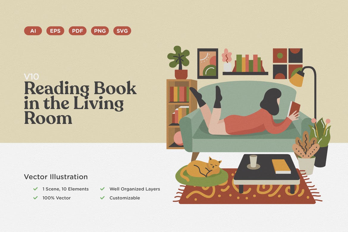 Reading Book in the Living Room Illustration