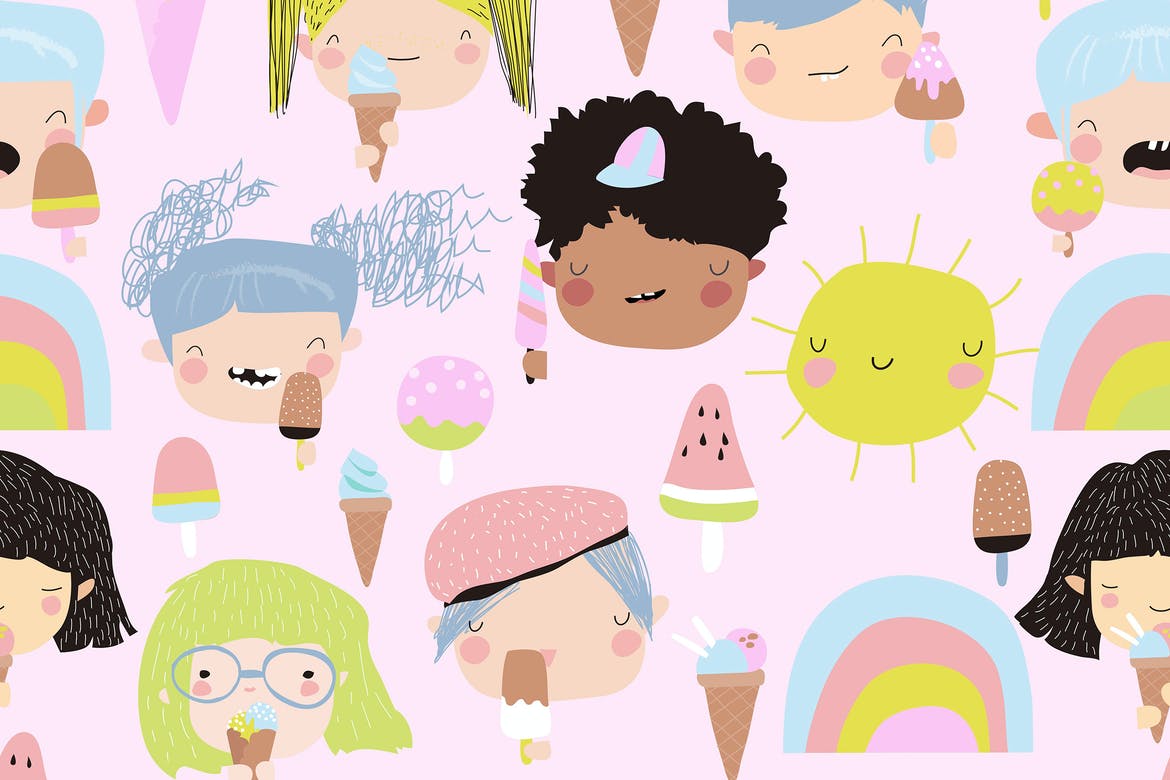 Vector seamless pattern of cute kid faces with ice