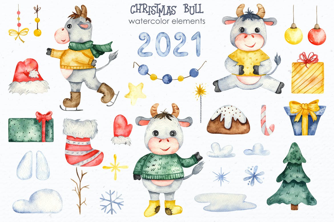 Watercolor Christmas bulls