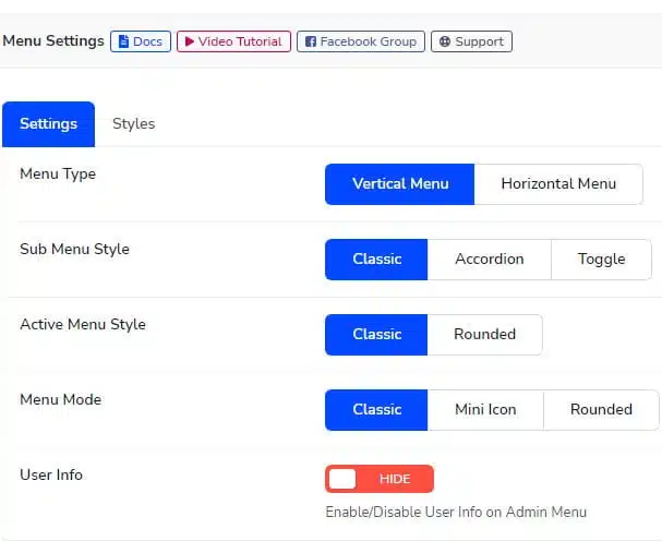 adminify menu settings