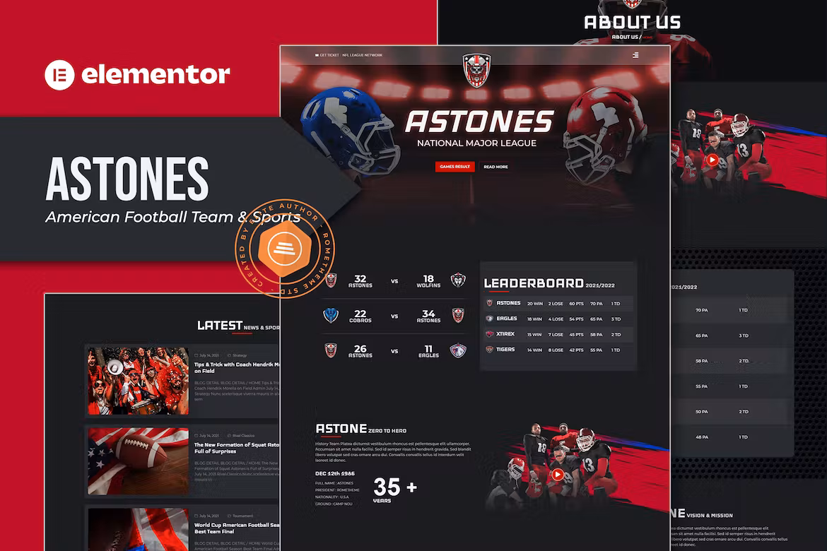 Astones - American Football Team & Sports Elementor Template Kit