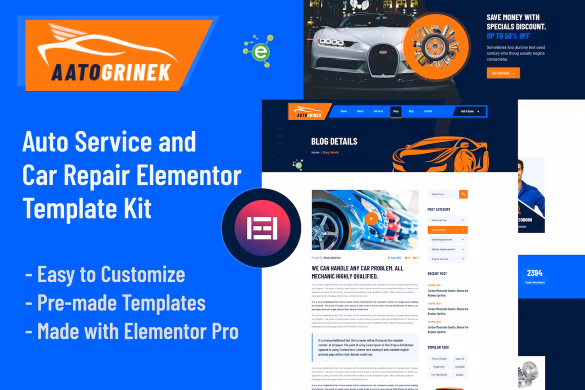 Auto Service & Car Repair Elementor Template Kit - Aatogrinek