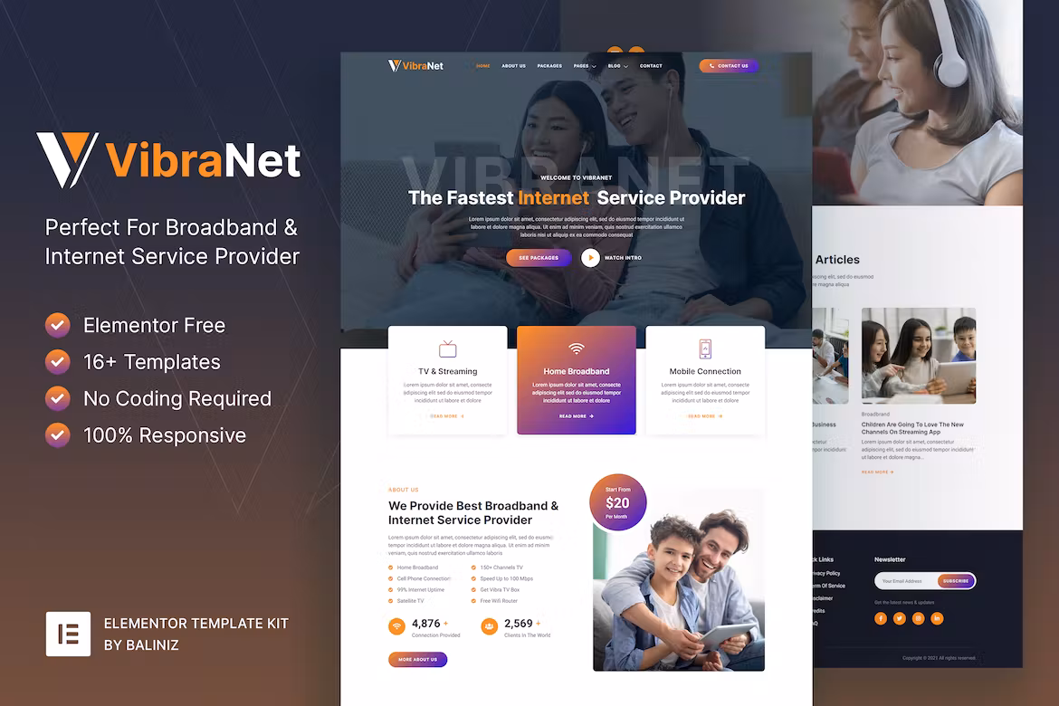 Broadband & Internet Service Provider Elementor Template Kit - Vibranet