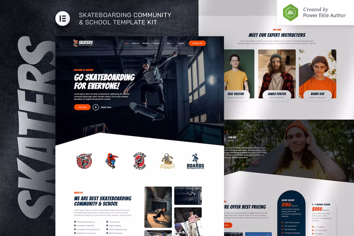 Skateboarding Community & Club Elementor Template Kit - Skaters